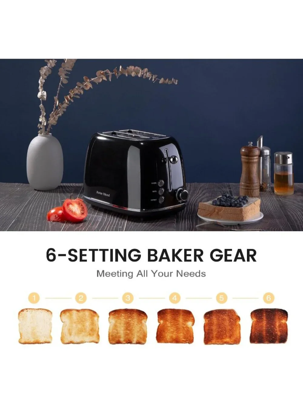 2 Slice Black Retro Stainless Steel with Bagel Defrost Functions Tray Toaster